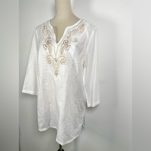 Saint Tropez Linen Top Tunic Size L White 3/4 sleeve Embroidery‎ - Picture 5 of 8
